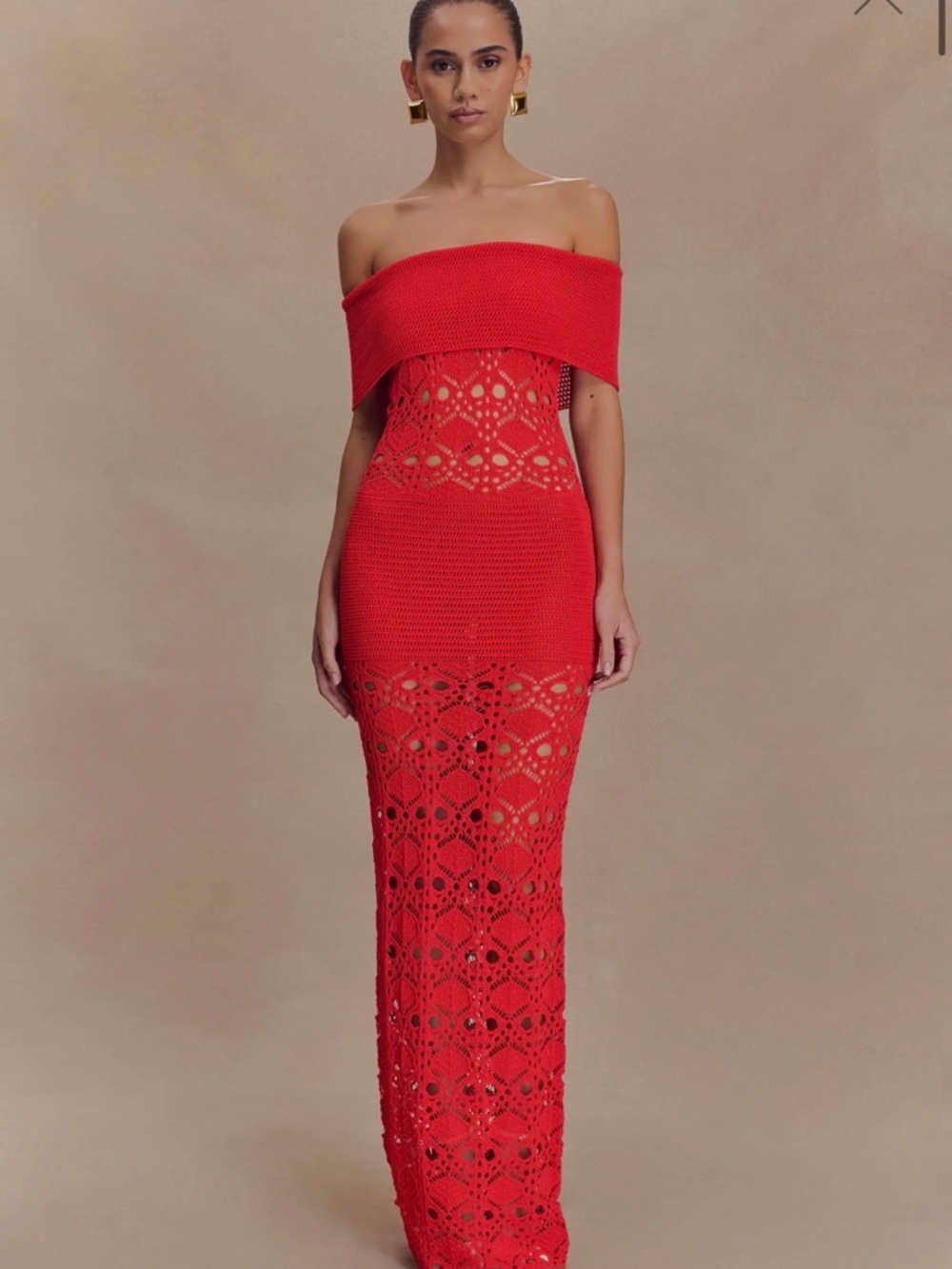Meshki Red Strapless Crochet Column Gown